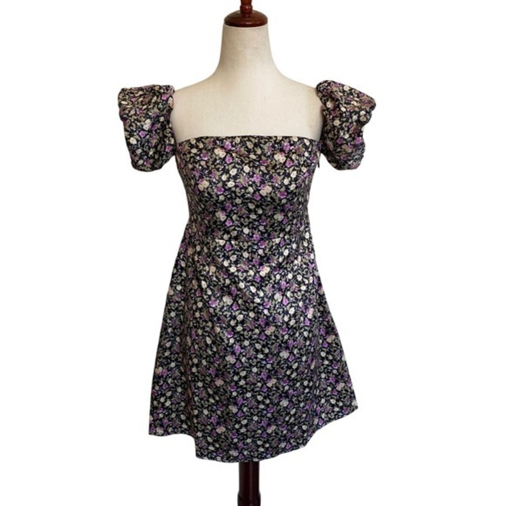 Pomelo Floral Puff Sleeve Mini Dress Black Purple Square Neck Smocked Back M